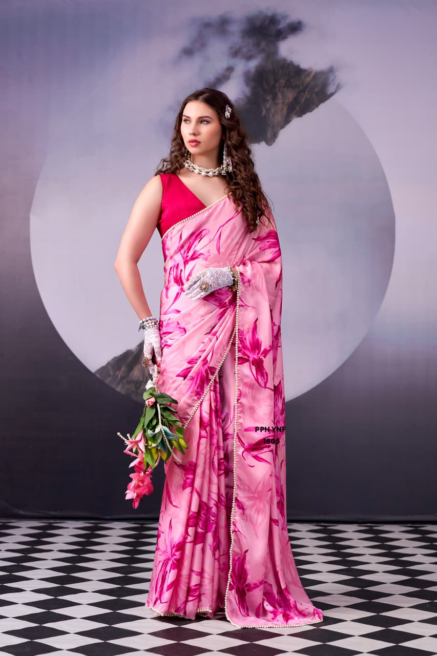 Pink and Red Floral Print Satin Silk Saree